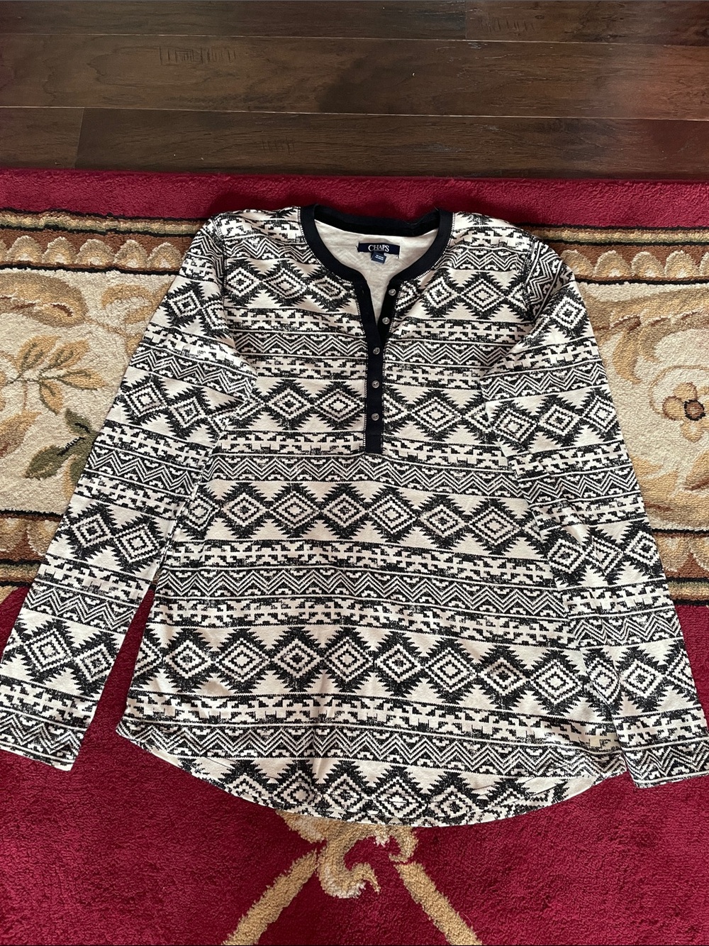 Chaps Black and White Aztec Henley Long Sleeve Top